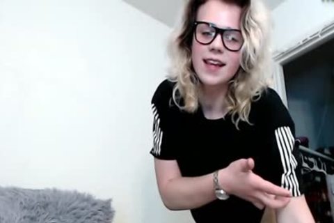 Petite shemale beauty In  Glasses Stroking Her large penis Until she sperm Shottting