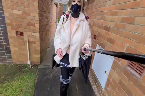 Exhibitionist slut Flashing In A Fur Coat By A Busy Road