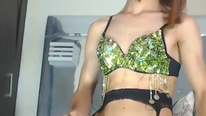 slim teen Redhead ladyman In nylons And lingerie Strokes Her dong On cam