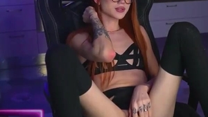 Redhead Skinny Russian Tattooed ladyman In Glasses Strokes Her Girly penis On web camera
