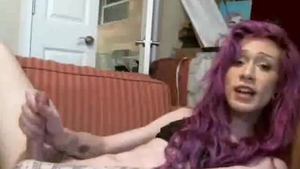Thin Purple Hair ladyman Cums Twice